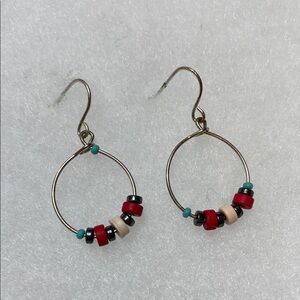 Silver with red, turquoise and black Beaded Hoop Earrings